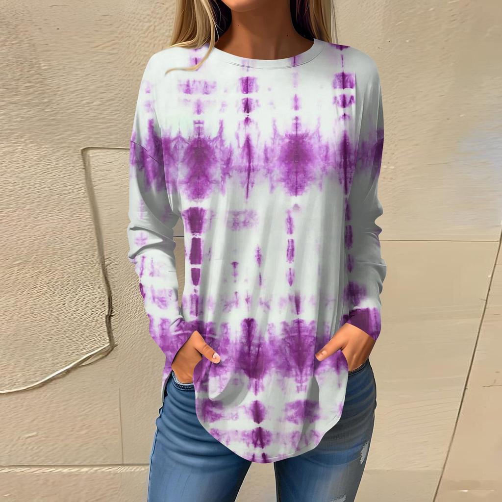 Tee Shirts For Women Fall Casual Long Sleeve Shirts Sweatshirt Geometric Stitching Printing Top Pullover