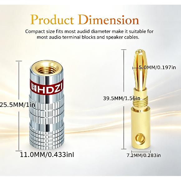 HHDZI 24K Gold Plated Banana Plug Aluminum Shell Screw Lock Audio Connector for 12-18 AWG Speaker Wire HiFi AmplifierGood product