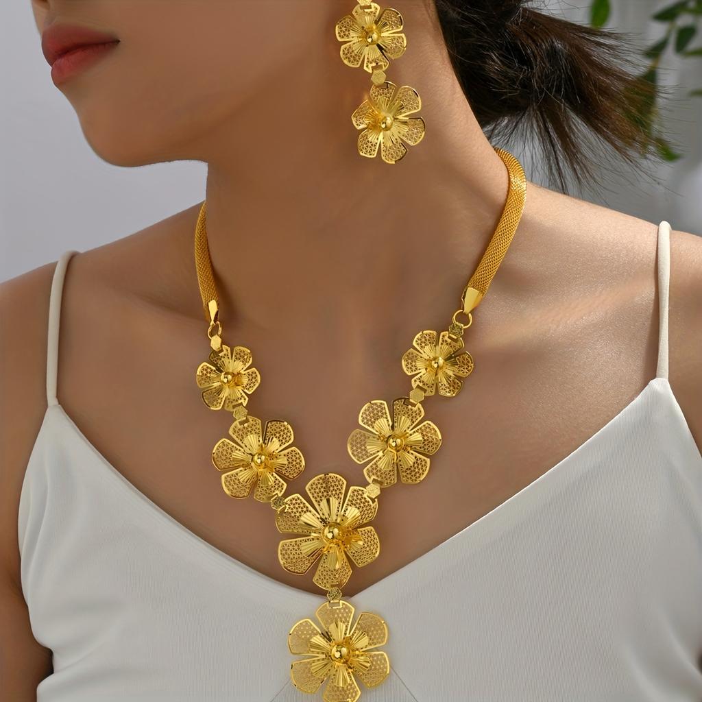 Роскошный стиль цветочное ожерелье кисточки серьги свадебный комплект ювелирных изделий, позолоченные ювелирные изделия цветной орнамент