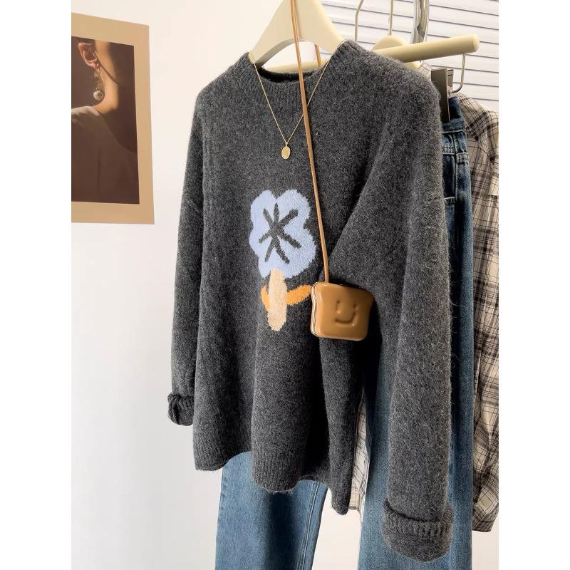 Dimanaf 2024 Новые осенние свитера, пуловеры, женские свитера с цветочным принтом, вязаные свободные свитера