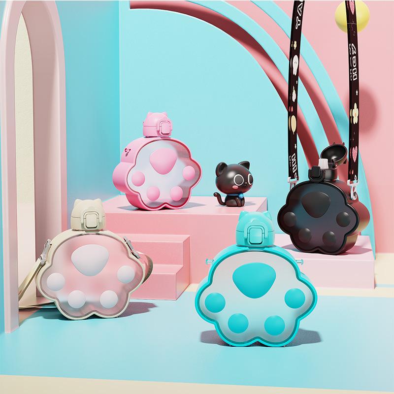 Милая пластиковая бутылка для воды в форме кошачьей лапы с трубочкой Кавайная Детская Герметичная Бутылка для Питья Кемпинг Путешествия Наружная Спортивная Бутылка