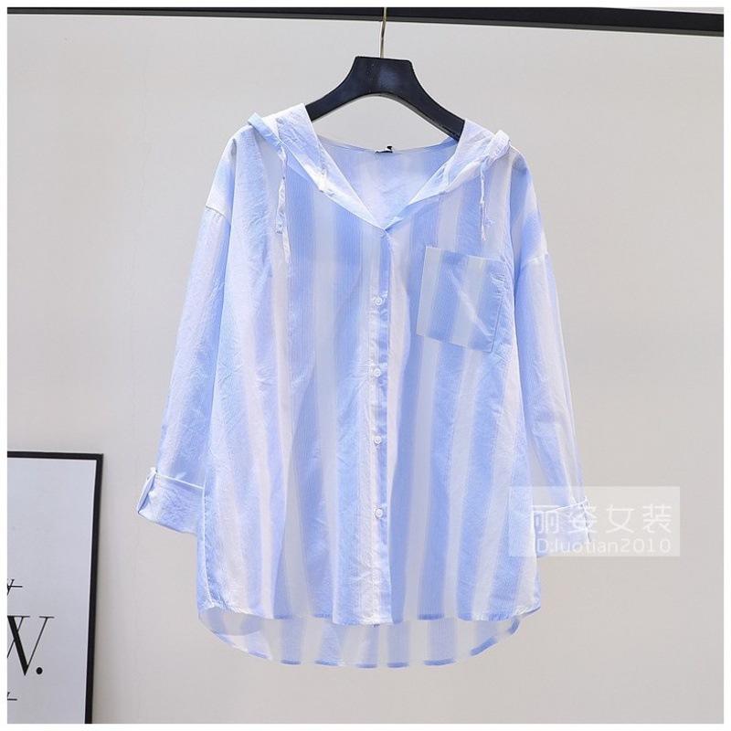 Рубашка в розовую вертикальную полоску, женская свободная куртка с капюшоном, солнцезащитный крем, тонкая хлопковая рубашка, кардиган с длинными рукавами, удобная женская одежда