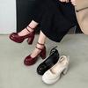 High Heels Women's Spring Autumn Pumps Shoes Red Black Retro Thick Soled Jane Ankle Buckle 9cm Chunky