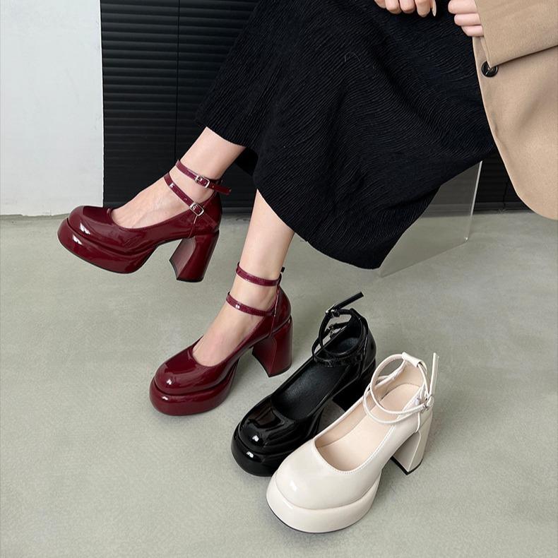 High Heels Women's Spring Autumn Pumps Shoes Red Black Retro Thick Soled Jane Ankle Buckle 9cm Chunky