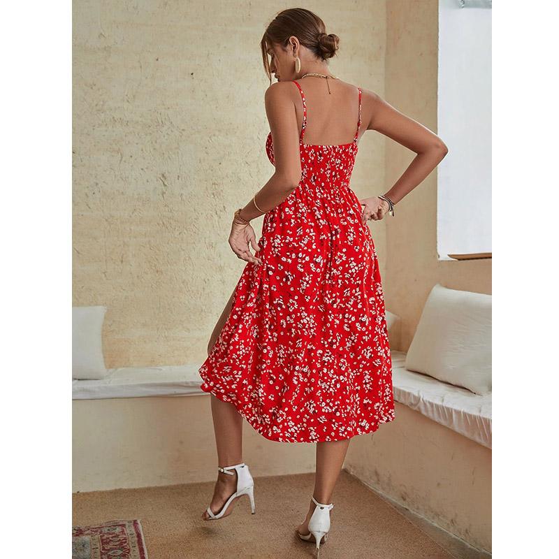 Летние женские платья для отдыха Slim Fit без рукавов с высокой талией, длинное платье А-силуэта с цветочным принтом и разрезом