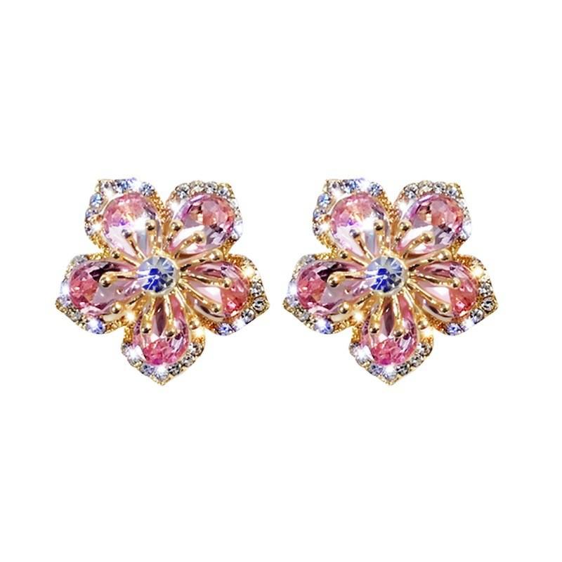 Pink Flower Zircon Ear Pins With Silver Needle For Casual And Formal Occasions