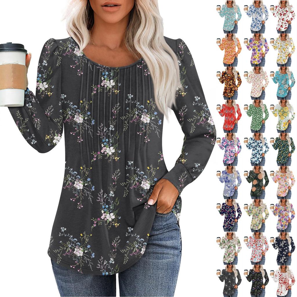 Рубашки с длинным рукавом для женщин, футболки с милым принтом и графикой, блузки, нарядные повседневные блузки, плиссированные топы-туники с овальным вырезом