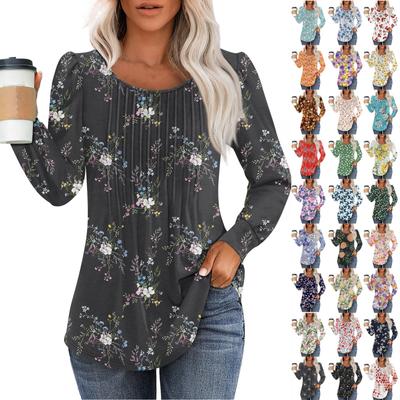 Рубашки с длинным рукавом для женщин, футболки с милым принтом и графикой, блузки, нарядные повседневные блузки, плиссированные топы-туники с овальным вырезом