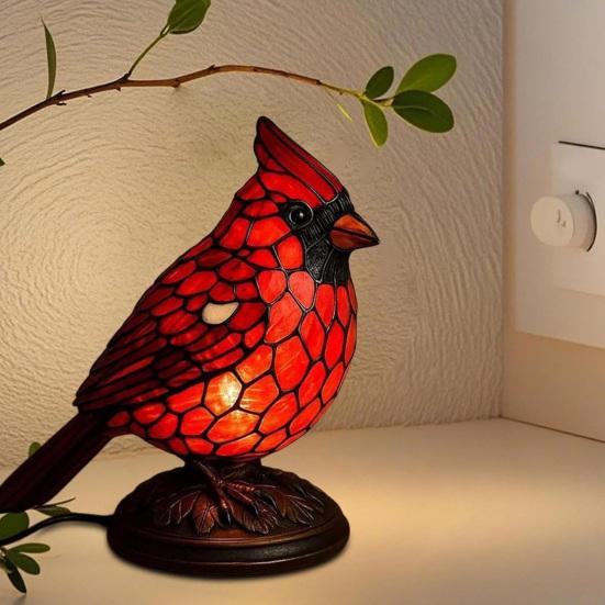 Yousheng Red Bird Table Lamp Stained Glass Style Bedside Bird Lamp Handcrafted Red Bird Night Light for Home Decor Bedroom Desk Christmas Gift