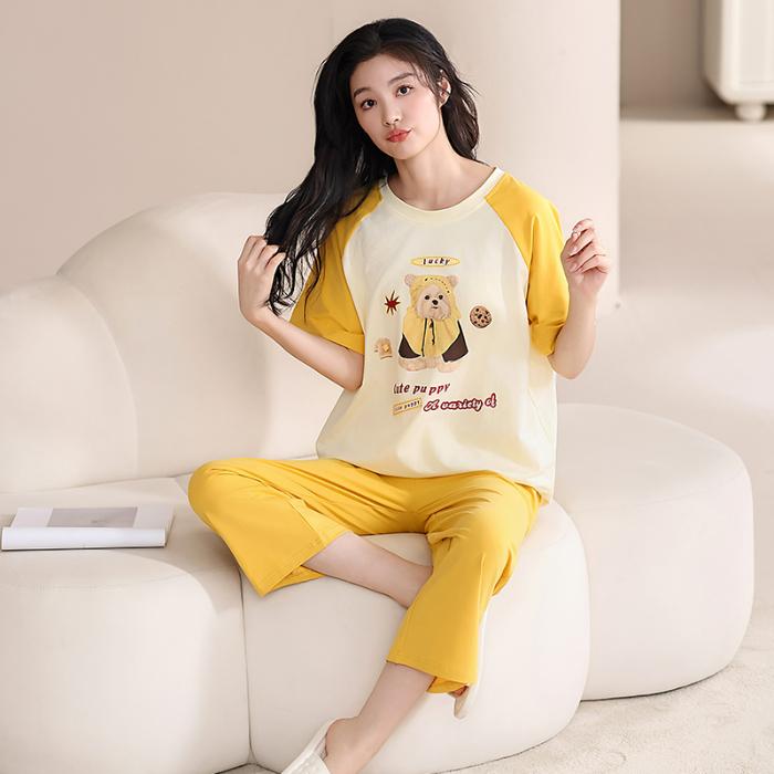 2025 Spring Summer Cotton Pajamas Set for Women Cute Cartoon Print Short Sleeve Tops and Pants Sleepwear Female Casual Loose Pink Pyjamas Homewear
