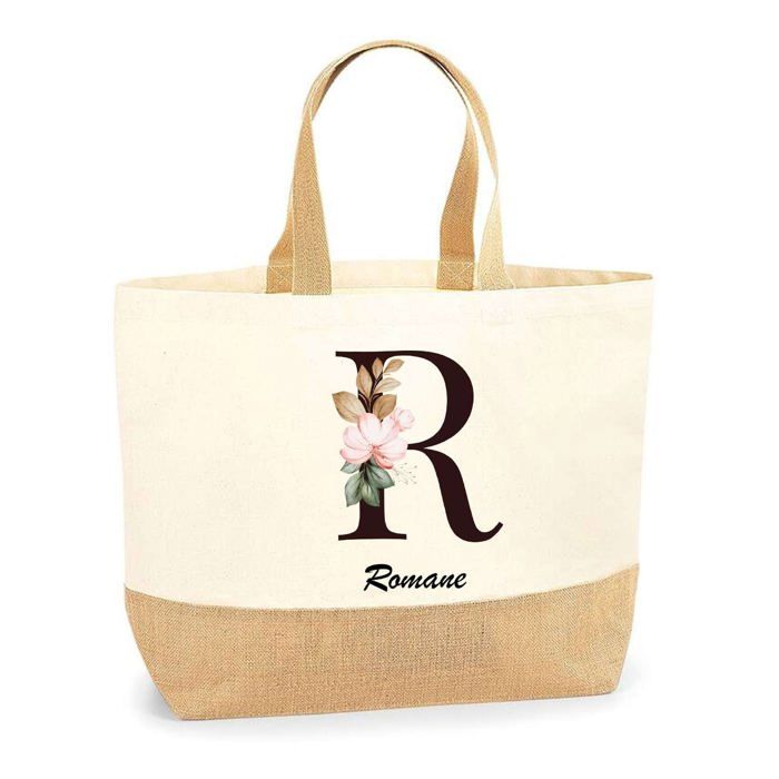 Tote bag en jute - PLANETEE - Romane Lettre Fleur - Multicolore - Jute naturel - Poignées solides