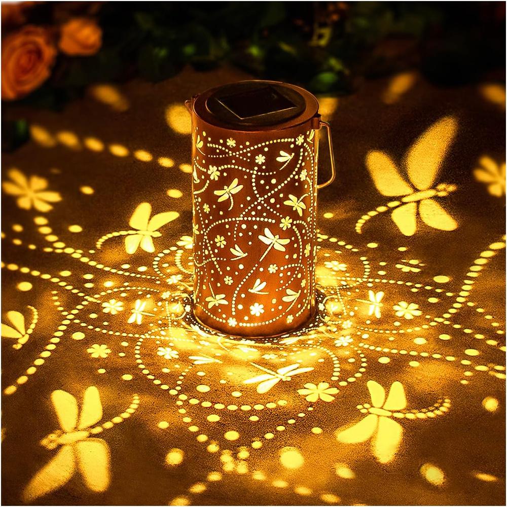 Solar Powered Lantern with Dragonfly Design Durable Metal Outdoor Hanging Light Solar Charged Lamp for Garden Pathway Landscape