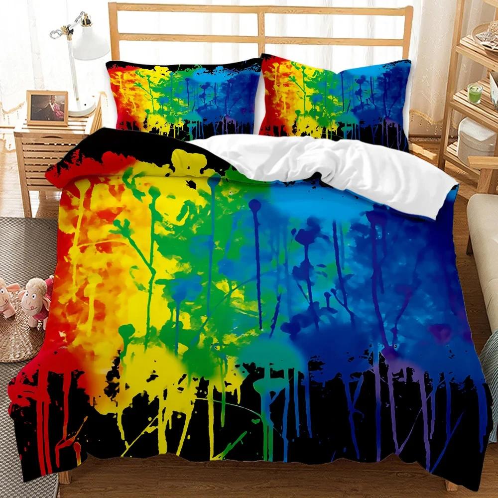 Abstract Duvet Cover Set, Grunge Style, Dirty Look with Colorful Watercolor Stains, Liquid Splashes, Polyester Bedding Set, Quee