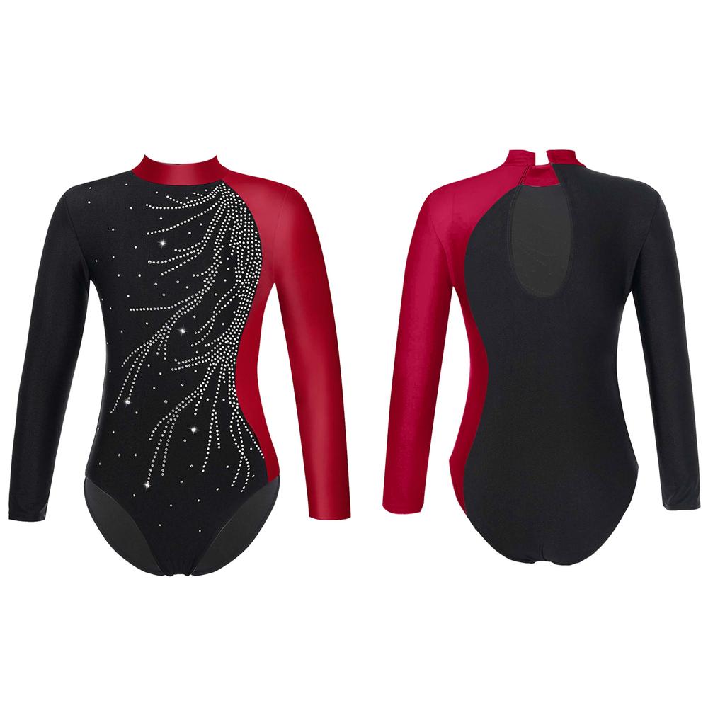 Girls Kids Sparkly Rhinestones Gymnastic Leotard Long Sleeve Ballet Dance Athletic Workout Bodysuit Unitard