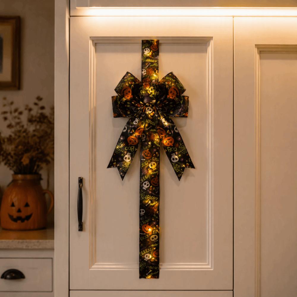 Embroidered Fabric Lighted Bow Black Color Bow Ornament Halloween Bow Wreath Decoration