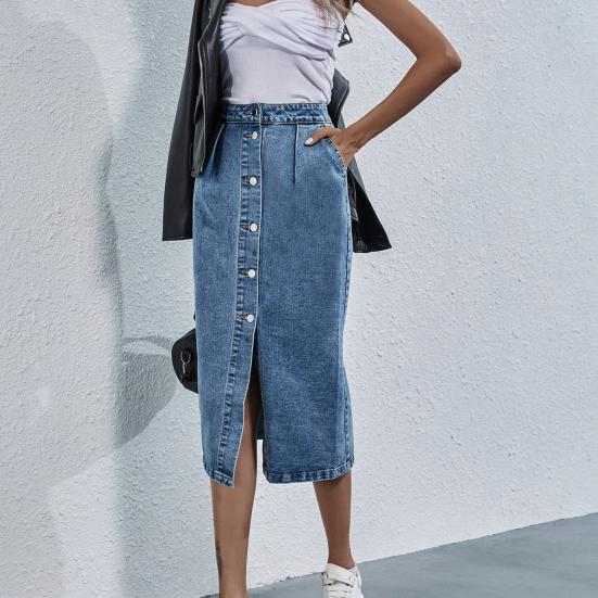 Юбка-карандаш с запахом на бедрах, однобортная, наклонные карманы, разрез спереди, модная высокая