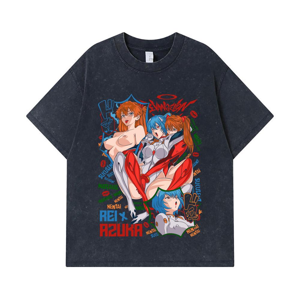Стиранные футболки 275 г/м² 100% Хлопок Evangelion V9 Аска Рей Ваифу Принт Унисекс Плотная хлопковая футболка
