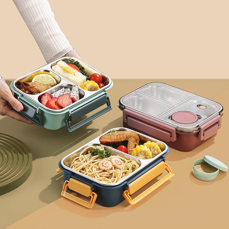 850ml 304 Stainless Steel Insulated Large Capacity Portable Divided Sealing Bento Lunch Box With Sauce Box School Office Camping
