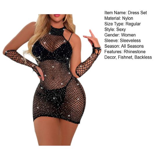 Women Nightdress Gloves Set See-through Hollow Out Fishnet Lace Shiny Rhinestone Decor Sheath Skinny Backless Bedroom Honeymoon Sleepwear
