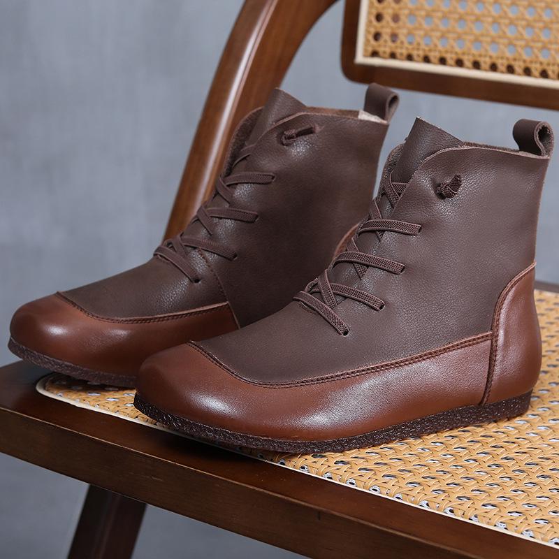 Женские сапоги из коровьей кожи с круглым носком в стиле ретро, осень/зима 2023 г. — теплые, с бархатной подкладкой, плоская подошва, размер XL