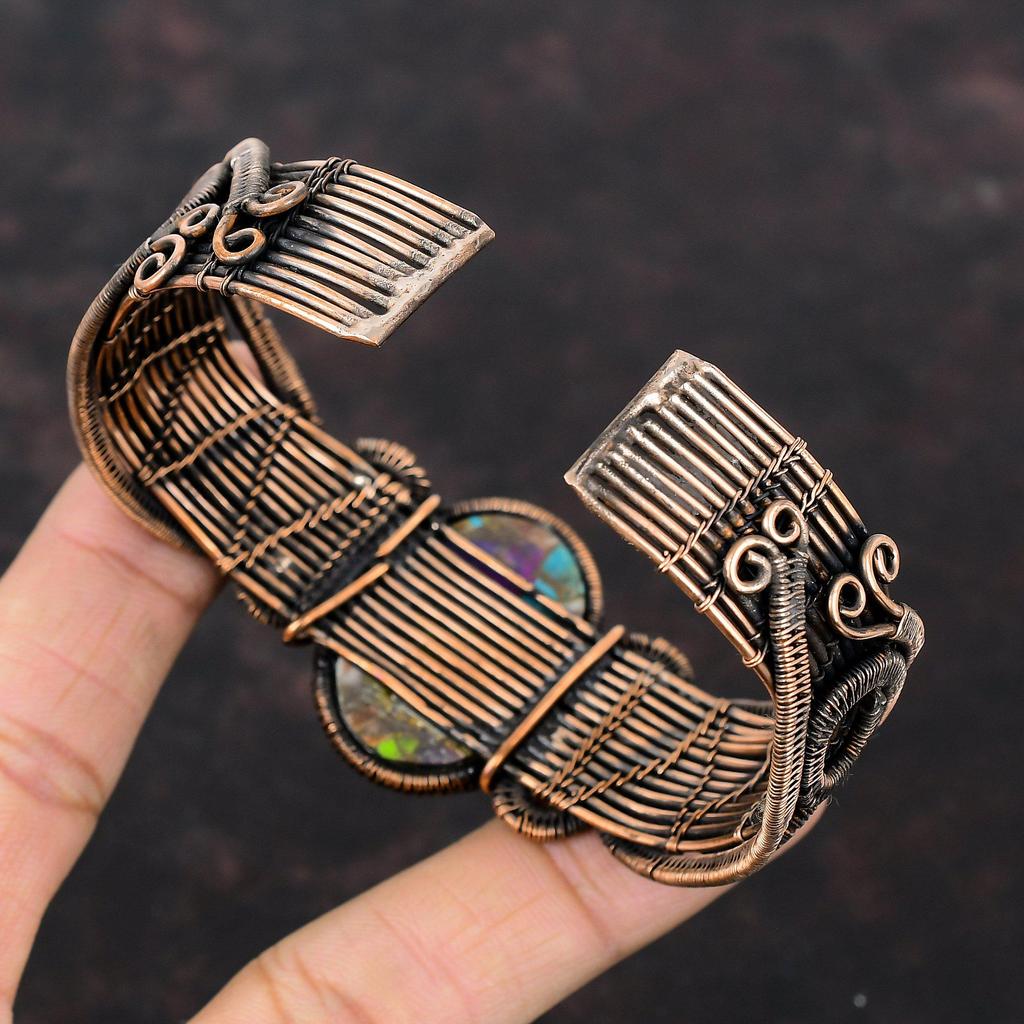 Мультимедный бирюзовый браслет, браслет-манжета из медной проволоки, браслет-манжета из настоящего драгоценного камня, регулируемый браслет-манжета, ювелирное изделие ручной работы, подарок для нее