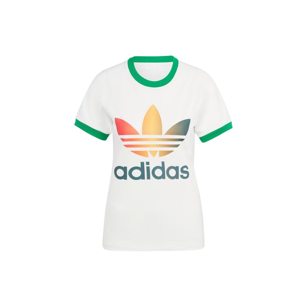 adidas Оригинальная облегающая женская футболка Cali с градиентом трилистника, принтом логотипа и цветными блоками, белая IS0310