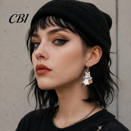 Goth Aesthetic Fashion Earrings 1 Pair Acrylic Ghost for Women, Halloween Cute Dangle Drop Daily Wear with Pumpkin Bucket And Pink Bow Party
