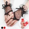 Women Bow Ribbon Evening Party Short Gloves Solid Color Half Palm Design Fashion Accessories Lace Mesh Fancy Ball 1Pair