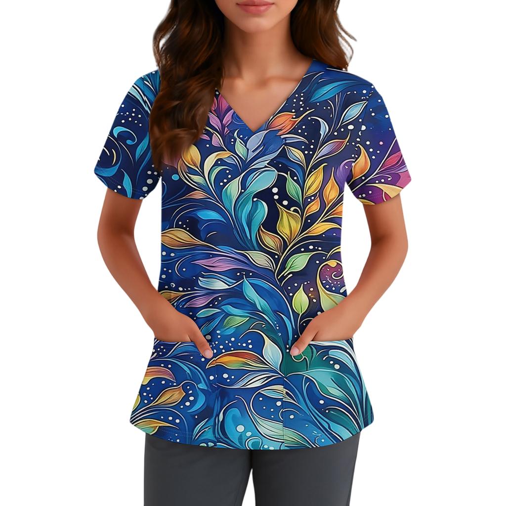 Женская милая блузка с принтом бантиков, рабочая одежда, V-образный вырез, двойной слой, карманы, базовая, с коротким рукавом, пуловер