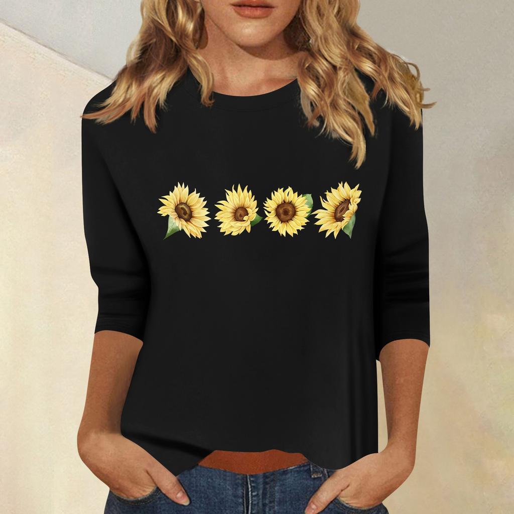 Women's Fashion Casual  Printed Seven Sleeve Round Neck Top