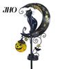 Hanging Pumpkin Halloween Decor Solar Garden Stake Light, Metal Black Cat & Moon Waterproof Crescent Pathway Lights Decorations for Lawn Patio