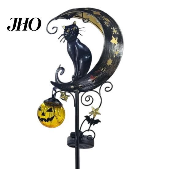 Hanging Pumpkin Halloween Decor Solar Garden Stake Light, Metal Black Cat & Moon Waterproof Crescent Pathway Lights Decorations for Lawn Patio