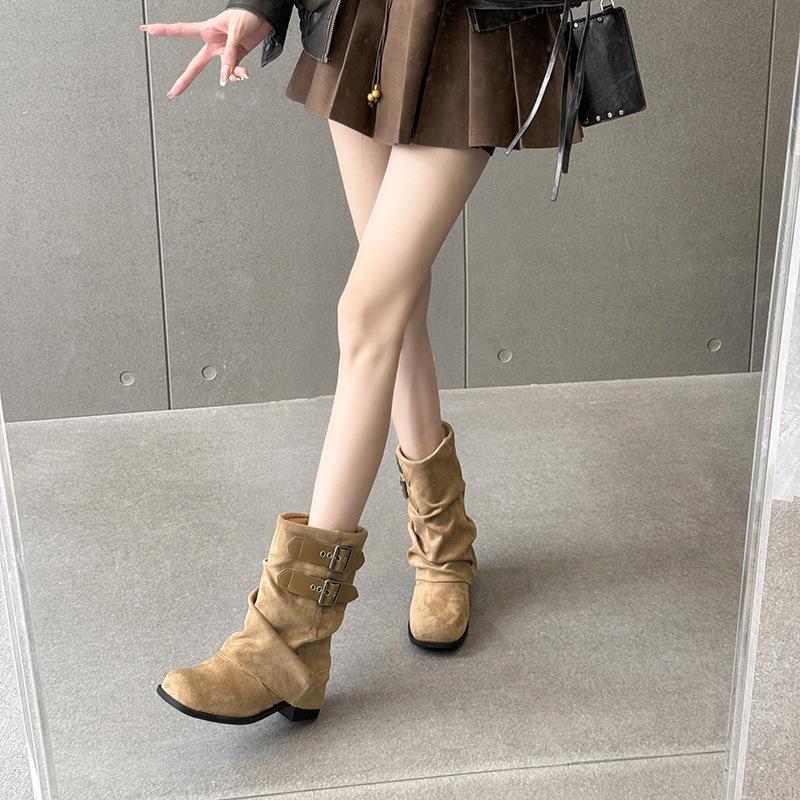 2025 новые плиссированные ботфорты на толстом каблуке с пряжкой-ремнем, с широким голенищем, женские ботинки, летние популярные суперхит ботинки-трубы