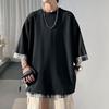Men T-shirt Round Neck Loose Two-piece Mid Color Length Solid Fake Plus Size Three Quarter Sleeves Streetwear Outdoor