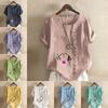 Women's Fashion Round Neck Short Sleeve T-shirt Casual Cotton Linen Graphic Shirt Leisure Loose Flower Prined Summer Blouse Tops