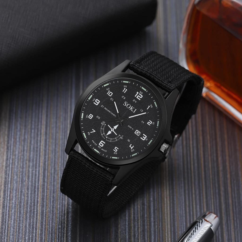 Strategy Military Calendar Analog Waterproof Nylon Strap Braided Large Dial Simulated Quartz Watch Fashion Watch Black Birthday Christmas Day Present