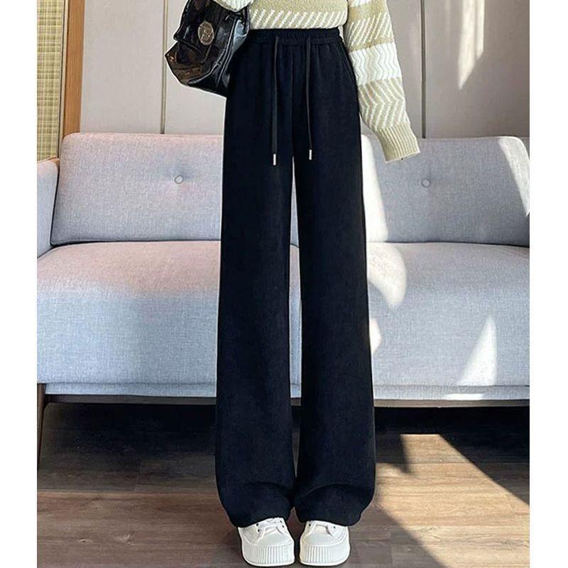 Осенние и зимние флисовые утолщенные женские брюки широкого кроя, свободные повседневные вельветовые брюки с завязками, однотонные простые прямые брюки, одежда 2052