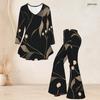 Women Plus Size Black Floral Printed V Neck Three Quarter Sleeve Flared Top Flared Pants Two Piece Set