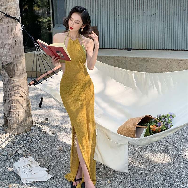 Island Store Sexy Big Halter Ginger Neck Hollow Knitted Bohemian Beach Skirt Vacation Dress
