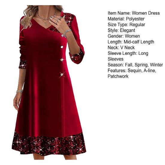 Fall Winter Women Dress Shiny Sequin Patchwork V Neck A-line Big Swing Long Sleeve Button Decor Solid Color Soft Warm Mid-calf Length Lady Midi Dress