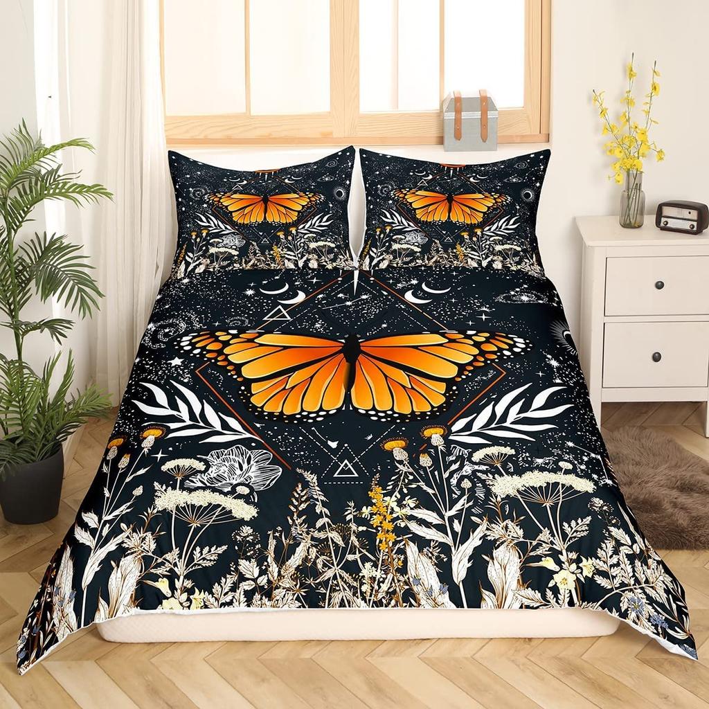 Death Moth Duvet Cover Set King Queen Full Twin Size Galaxy Sun and Moon Polyester Comforter Cover Boho Gothic Skull Bedding Set