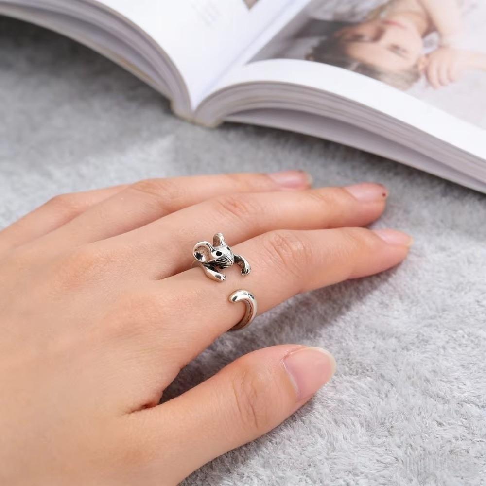 Zinc Zinc Alloy Retro Mouse Ring Silver Animal Ring Vintage Open Ring Gift