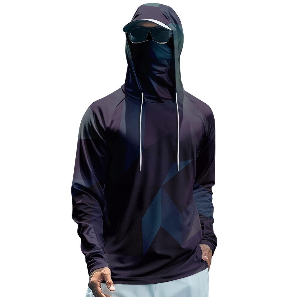 Men's Summer Gradient Color Geometry Quick-drying Long-sleeved T-shirt Sun Clothing Fishing Fitness Sports Hooded Long-sleeved Top