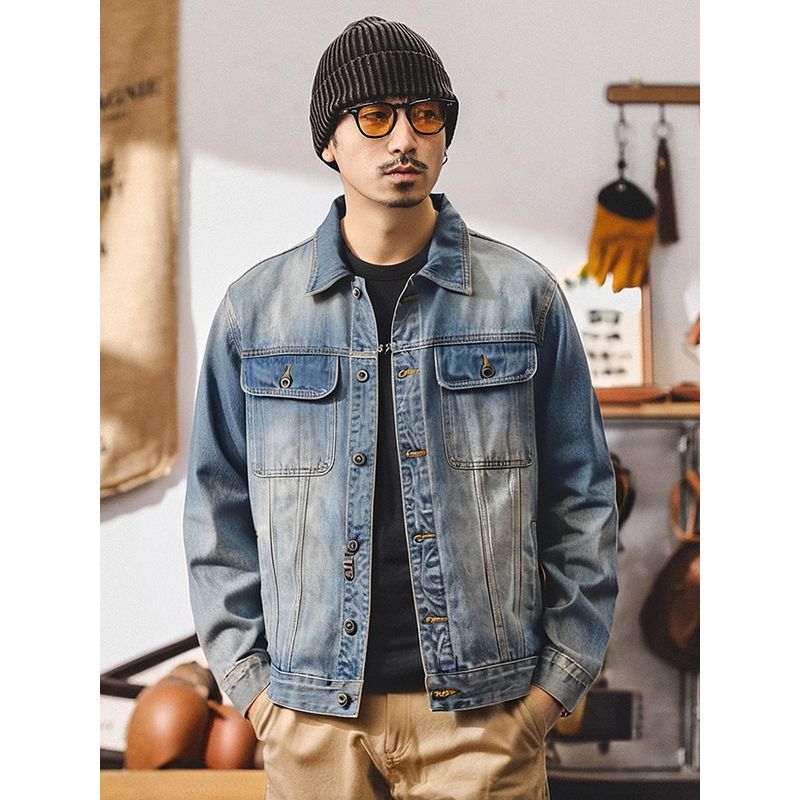 Retro Thickened Workwear Denim Jacket for Men, Autumn and Winter Short Style, Export Men's Clothing, Washed, Structured Shoulder, Stiff Jacket