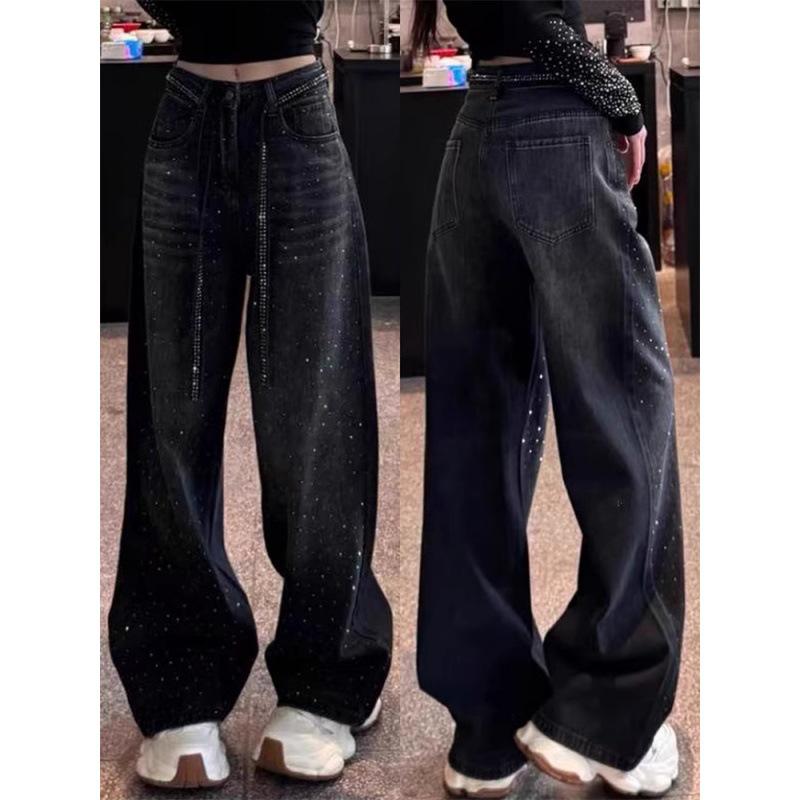 Women's Plus Size Rhinestone Starry Sky Jeans - High Waist Loose Fit Wide Leg Pants
