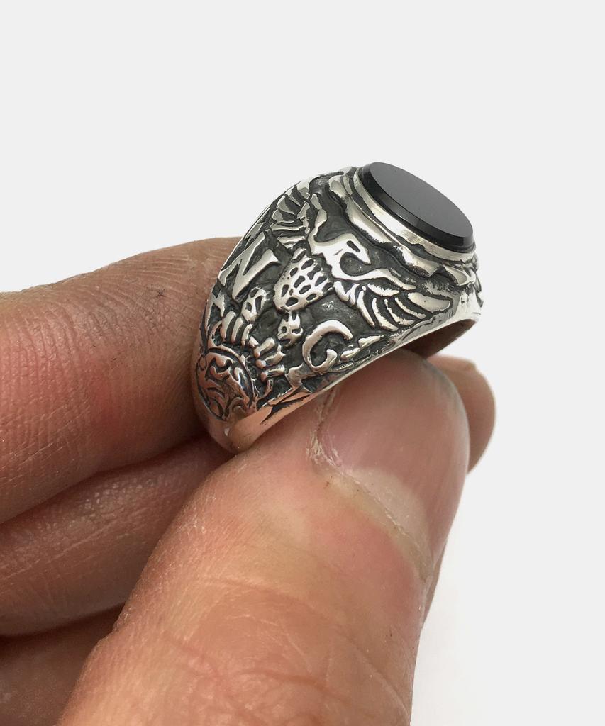 Sheen666 Onyx Eagle Crest Silver Ring (Type A)