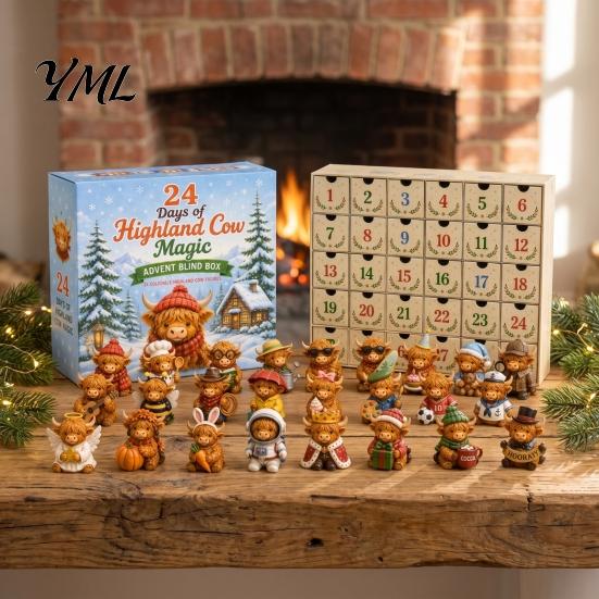 Collectible Animal Figures Magic Advent Calendar, 24-Day Highland Cow/Cat/Sheep/Red Bird Acrylic Ornament Set, Cozy Winter Home Decor 2D Flat