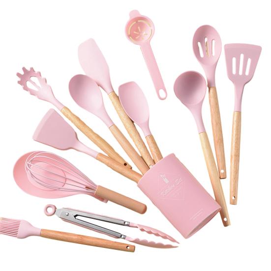 Silicone Kitchenware Set with Wooden Handles Heat Resistant Turner Tongs Spatula Spoon Brush Whisk Nonstick Cooking Tools