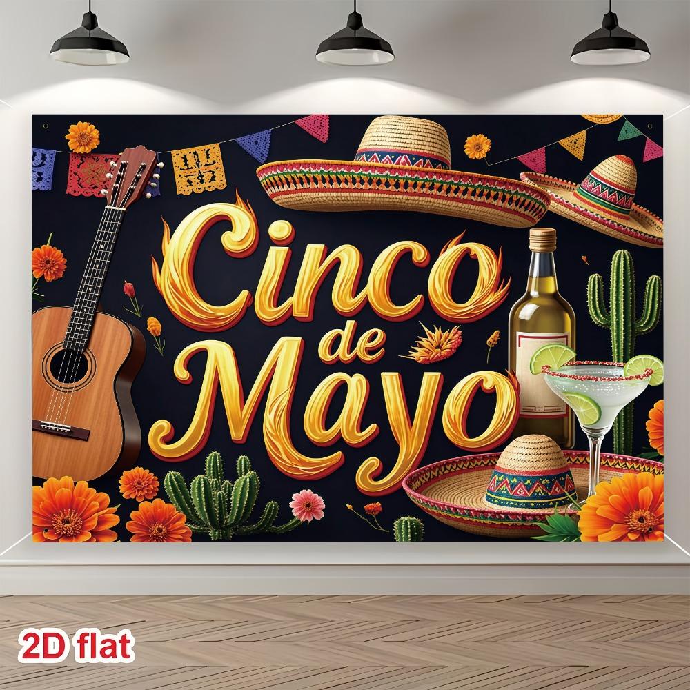 2D flat banner 1 piece Mexican May 5th Festival background equipped with a wide brimmed straw hat and tequila