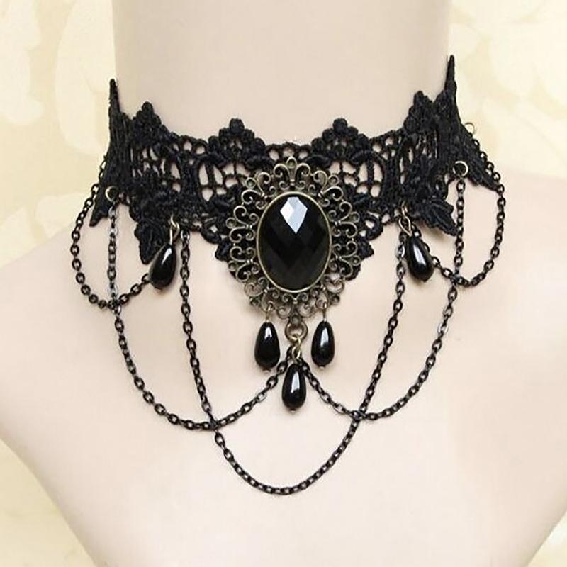Gothic Black Lace Necklace For Women Girl Boho  Pearl Sexy Lace Choker Punk Dark Lolita Style Halloween Jewelry